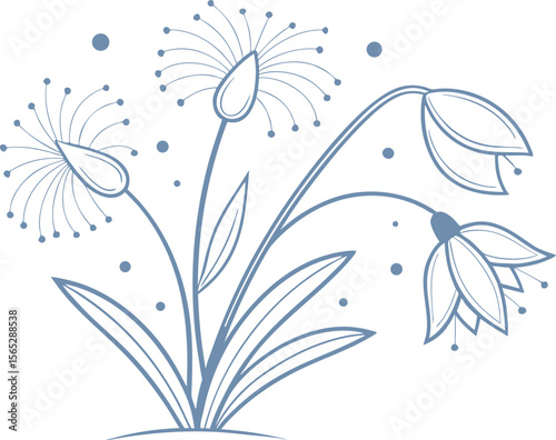 Elegant botanical illustration with soft blue line art flowers and abstract dots on a white background. Hand-drawn floral element for design,  and print use. Perfect for minimal nature themes.