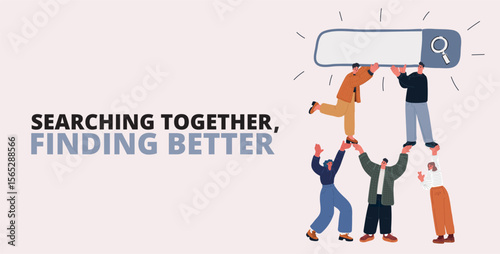 Cartoon vector illustration of people holding a magnifying glass as a metaphor for searching together and finding better solutions