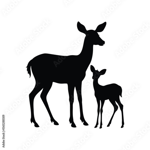 Silhouette of a doe and fawn standing peacefully together in nature