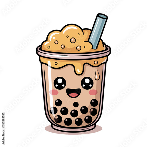 A cute, smiling bubble tea cup features a large straw and is decorated with cheerful eyes and cheeks.