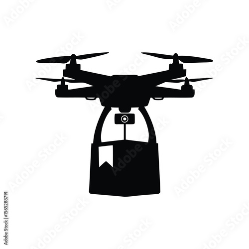 Silhouette of a drone carrying a package, isolated on white background