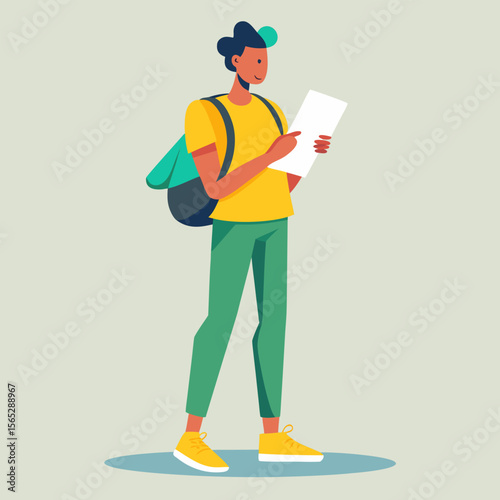 Cartoon construction worker with a clipboard and safety helmet, an illustration of a person holding a work plan