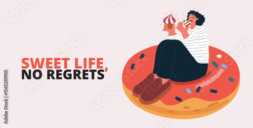 Cartoon vector illustration of a woman with dessert and text "no regrets" as a metaphor for enjoying life in the moment