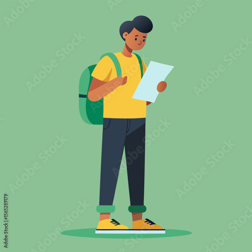 Cartoon student boy holding books with a backpack, an illustration of a child learning