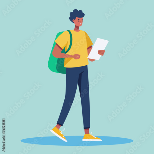 Smiling cartoon businessman or student holding a clipboard, working in an office or on a construction job