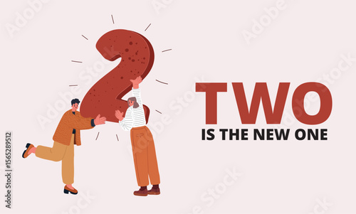 Cartoon vector illustration of a person standing with number two as a metaphor for transition, next step, and becoming