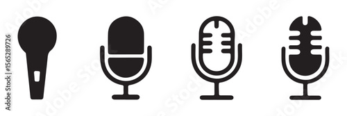 Different microphone collection. Podcast mike, journalist microphone, karaoke, conference. Thin line microphone pictogram. Voice record mike icon in black. eps 10