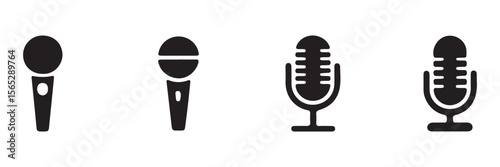 Different microphone collection. Podcast mike, journalist microphone, karaoke, conference. Thin line microphone pictogram. Voice record mike icon in black. eps 10