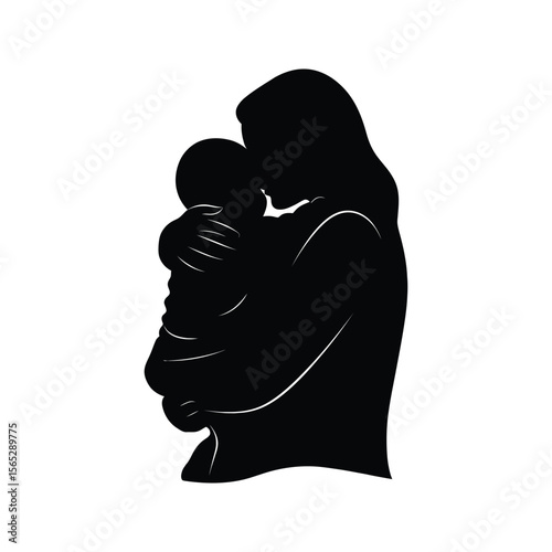 Silhouette of a Mother Tenderly Holding her Baby Vector Illustration Motherhood Child Love Family