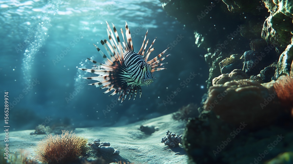 Obraz premium Underwater lionfish swimming near coral reef Ocean wildlife scene sea underthesea