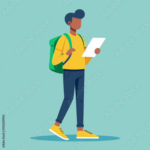 Smiling businessman or student standing and holding a clipboard
