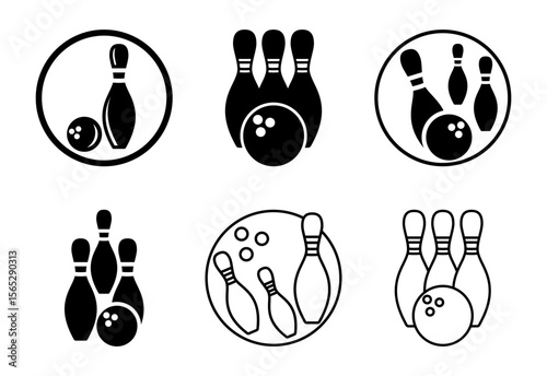Bowling ball and pins arranged in various compositions isolated on white background