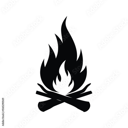 Black silhouette of a campfire with crossed logs on a white background