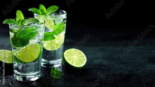 Wallpaper Mural Two glasses of mojito with lime and mint on a black surface Torontodigital.ca
