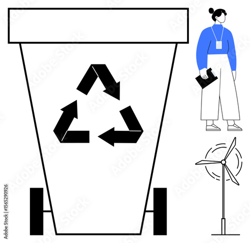 Recycling bin with symbol, standing figure holding clipboard, wind turbine spinning. Ideal for sustainability, recycling, eco-awareness, renewable energy, environmental protection, green initiatives