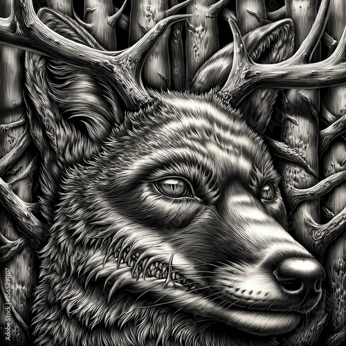 Wallpaper Mural A black and white drawing of a wolf with antlers Torontodigital.ca