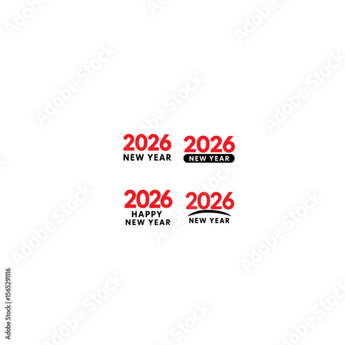 Four variations of happy new year 2026 design elements on white