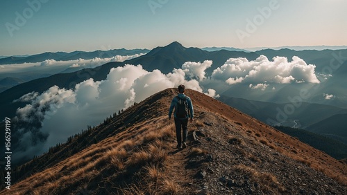 A person hiking on a mountain ridge with clouds and mountains in the background on a sunny day