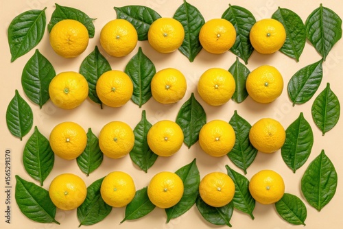 Wallpaper Mural A group of oranges with green leaves on a beige background Torontodigital.ca
