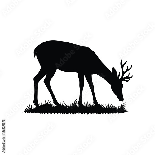 Black Silhouette of a Deer Grazing on Grass, Isolated on White Background