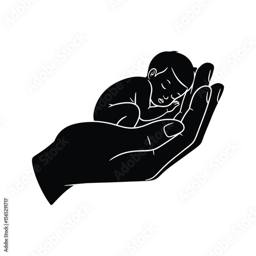 Sleeping baby in hand silhouette  vector illustration childcare protection adoption safety newborn infant parenting family care love graphic icon symbol