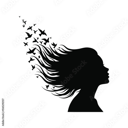 Woman Silhouette with Birds Flying from Hair   Elegant Black and White Vector Illustration
