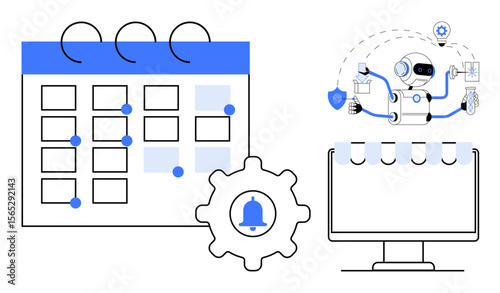 Calendar, AI robot performing multitasking, and gear with reminder icon symbolize organized scheduling, automation, and efficiency. Ideal for productivity, planning, AI, workflow reminders time