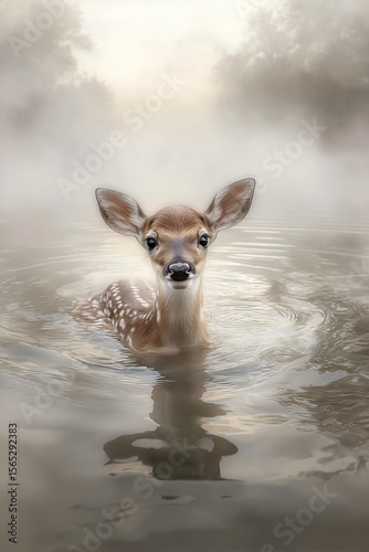 Wallpaper Mural A deer is swimming in the water in the fog Torontodigital.ca