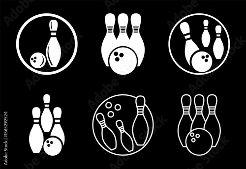 Bowling ball and pins arranged in various compositions isolated on black background