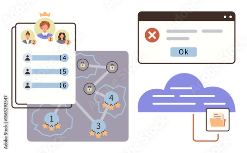 Leaderboard ranking system, interactive map with tasks and secure zones, error message window, digital cloud storage. Ideal for teamwork solutions, productivity, cybersecurity, strategy, process