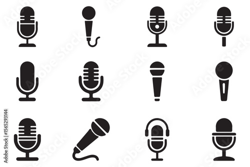 set of Old Style Mic Silhouette icon for Podcast or Radio Silhouette, Microphone vector icon set. Microphones audio podcast vector icons. Microphone  Illustration Icons. eps 10
