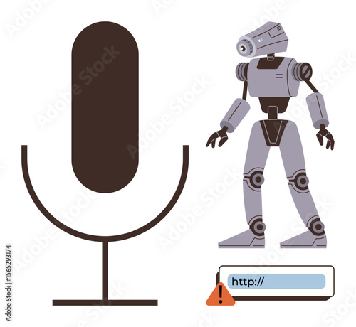 Microphone icon with humanoid robot next to blocked browser address bar displaying alert. Ideal for AI, automation, cybersecurity, machine learning, internet safety, innovation, digital interaction