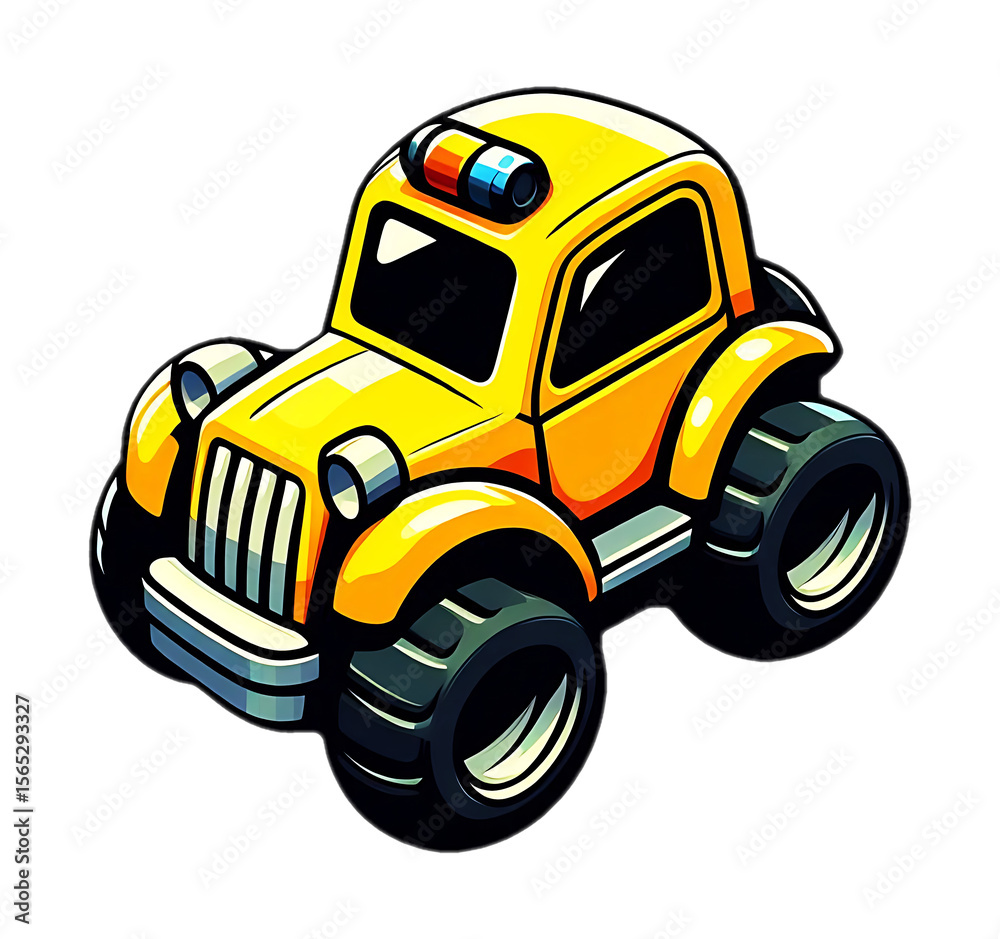 Bright yellow cartoon off road vehicle with blue and red emergency lights isolated on transparent background Bright yellow cartoon off road vehicle with blue and red emergency lights isolated on transparent background