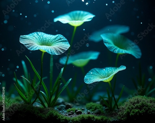 Blue waterscape with underwater plants and flowers, science fiction landscape for wallpaper