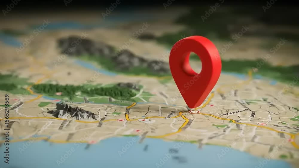 3D map with a prominent red location pin highlighting a city ...