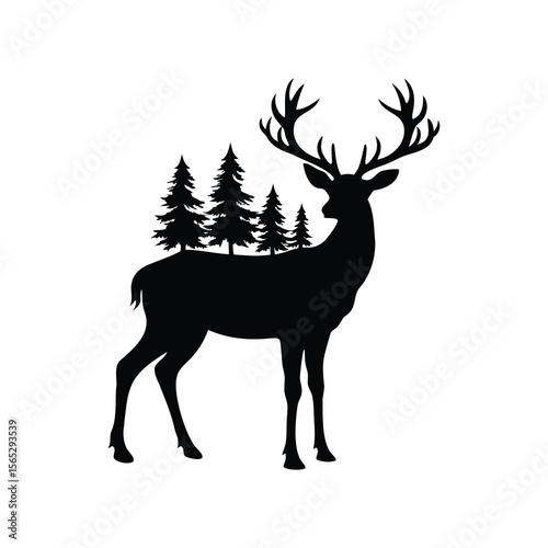 Majestic Deer Silhouette with Evergreen Trees on Back Against White Background