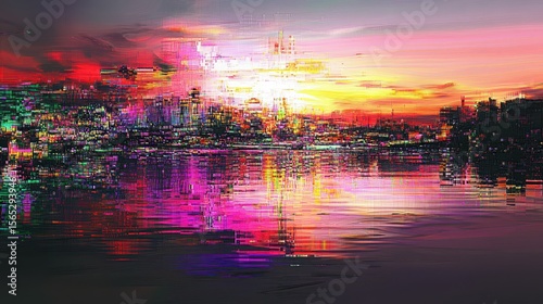 Colorful cityscape at sunset, distorted by glitch art effects.