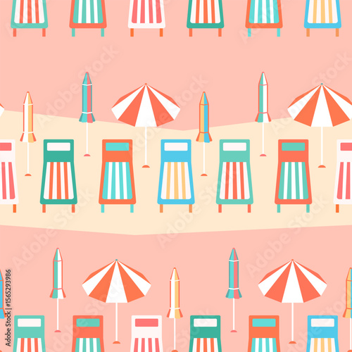 Seaside beach vacation vector seamless pattern. Colorful striped parasols, sun loungers in a row on cute pink background. Fun playful coastal holidays repeat design. Summer sunny island resort tile