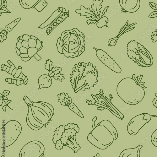 Vegetables: cabbage, carrot, pepper, bell pepper, cabbage, broccoli, ginger, garlic, cucumber, turnip, green peas, tomato, celery, green onion, lettuce, eggplant and spinach. Seamless pattern