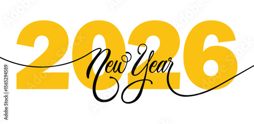 Bold yellow "2026" numerals with black outline and handwritten "New Year" script centered on a white background. Clean, modern, festive design ideal for greeting cards or promotions.