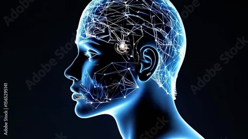 A human head silhouette contains bright neon circuits with connecting lines, representing the concept of artificial intelligence and data processing
