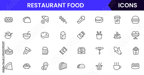 Fast Food vector web line icon collection, sleek illustrations of burgers, fries, drinks, and quick-service items for vibrant designs.