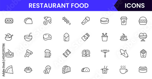 Fast Food vector web line icon collection, sleek illustrations of burgers, fries, drinks, and quick-service items for vibrant designs.