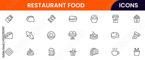 Fast Food vector web line icon collection, sleek illustrations of burgers, fries, drinks, and quick-service items for vibrant designs.