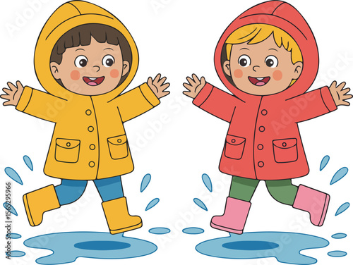 Two cheerful children, clad in colorful raincoats and wellies, leap with glee through puddles isolated transparent vector