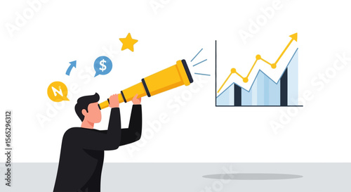 A businessman using a telescope to observe financial growth and future success.