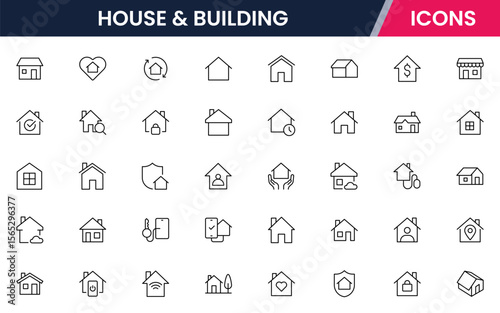 A clean vector icon set featuring home-related symbols like houses, keys, locks, and interiors, rentals, or smart home
