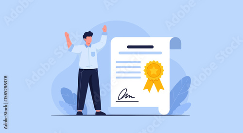 Excited person standing next to a certificate of achievement.