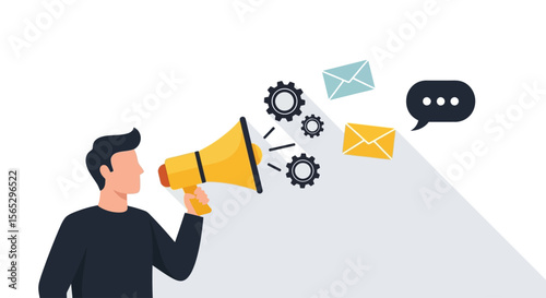 Man using a megaphone, broadcasting messages via email and social media.