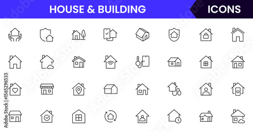 A clean vector icon set featuring home-related symbols like houses, keys, locks, and interiors, rentals, or smart home